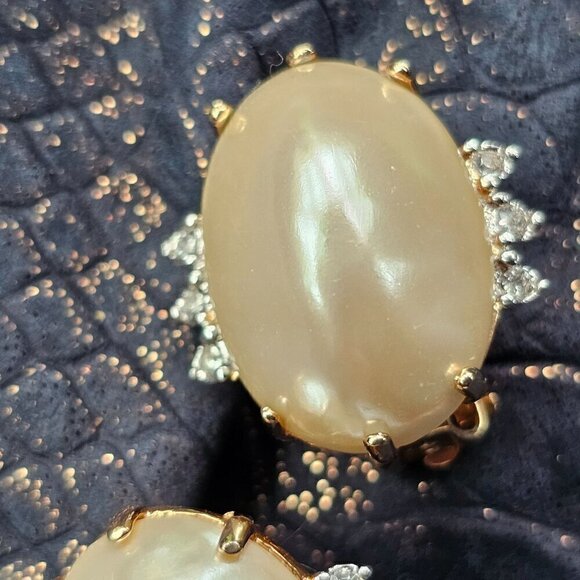 Vintage Gold Tone Clip-On Very Large Faux Pearl Earrings With Rhinestone Accents - Picture 3 of 10